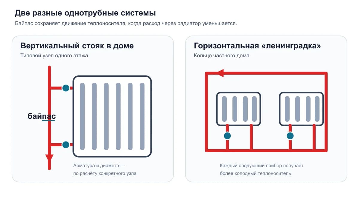 Вертикальный однотрубный стояк с байпасом и горизонтальная ленинградка